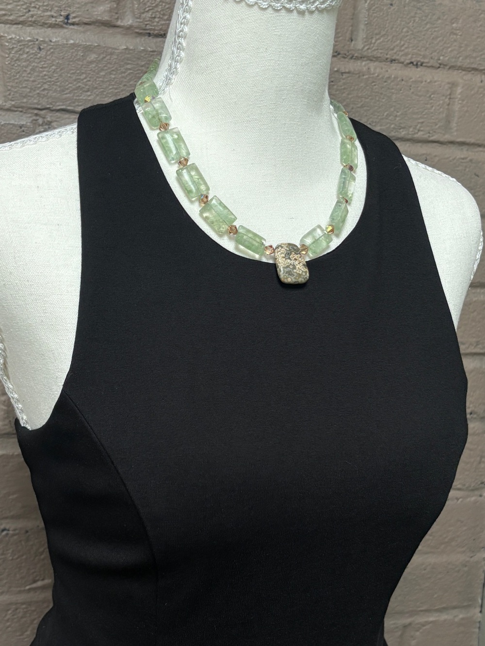 Handcrafted Green Bead Necklace with Stone Pendant